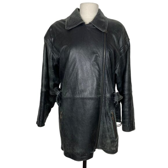 Vintage 90s Express Leather Jacket Coat Small Black Oversize Thinsulate Lined - Picture 1 of 16